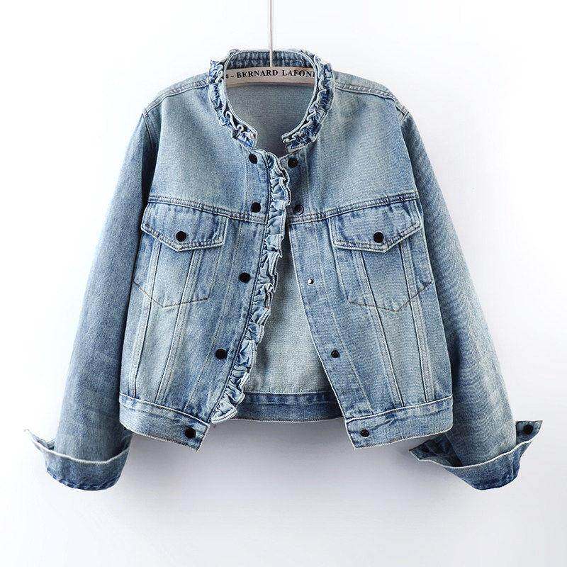 潮牌立领牛仔外套女短款2026春季新款复古木耳边宽松百搭夹克上衣
