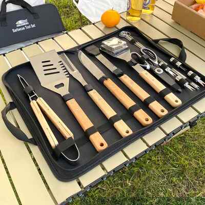 户外野营烧烤工具组合榉木柄叉铲夹BBQ配件布袋不锈钢烤具套装