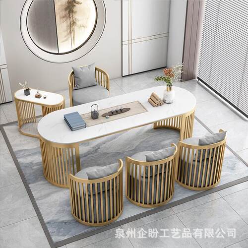 新中创式铁艺大理石茶桌沙发凳组合家用阳TKN台意泡茶台厅喝客茶