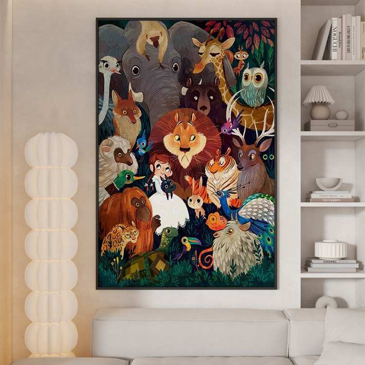 北欧轻奢客厅背景墙挂画卡通可爱动物进门玄关装饰画竖版卧室壁画图片