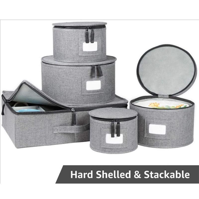 灰色棉麻布碗碟收纳5件套，茶杯收纳盒，餐盘，餐具收纳包