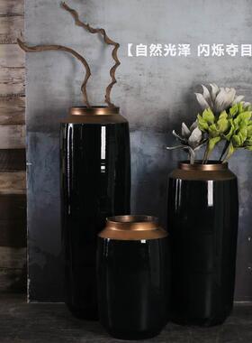 现代简约景德镇陶瓷花瓶摆件客厅插花欧式落地陶罐酒店装饰品蓝色