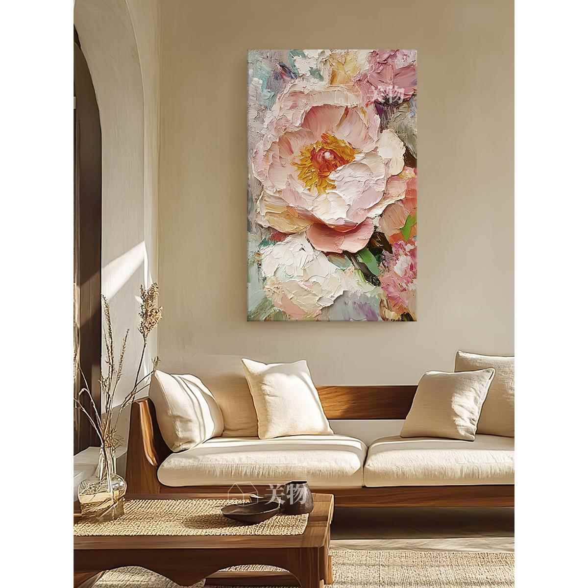 奶油风牡丹纯手绘油画客厅沙发背景墙装饰画立体肌理花卉玄关挂画图片