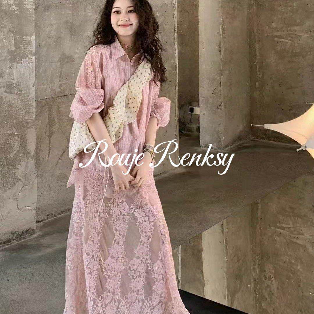 法国rouje renksy法式甜美风粉色蕾丝拼接长袖衬衫春季气质上衣女