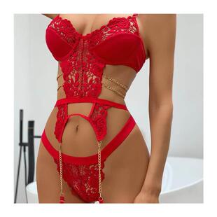 out sexy lace three lingerie hollow suit red point