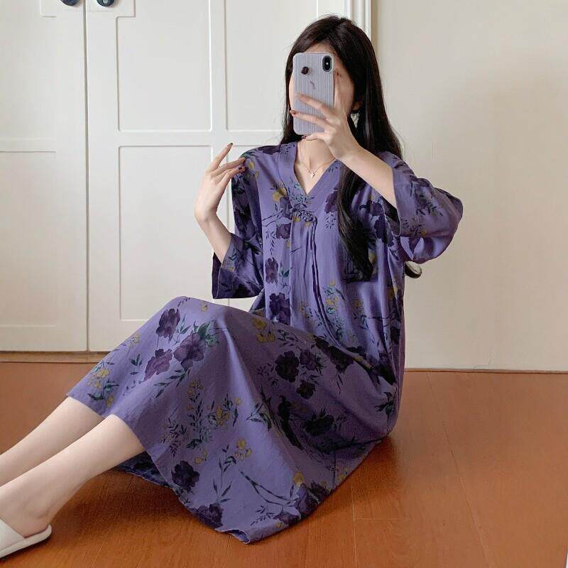 棉绸睡裙女2026新款夏季新中式国风宽松凉感连衣裙中袖可外穿睡衣