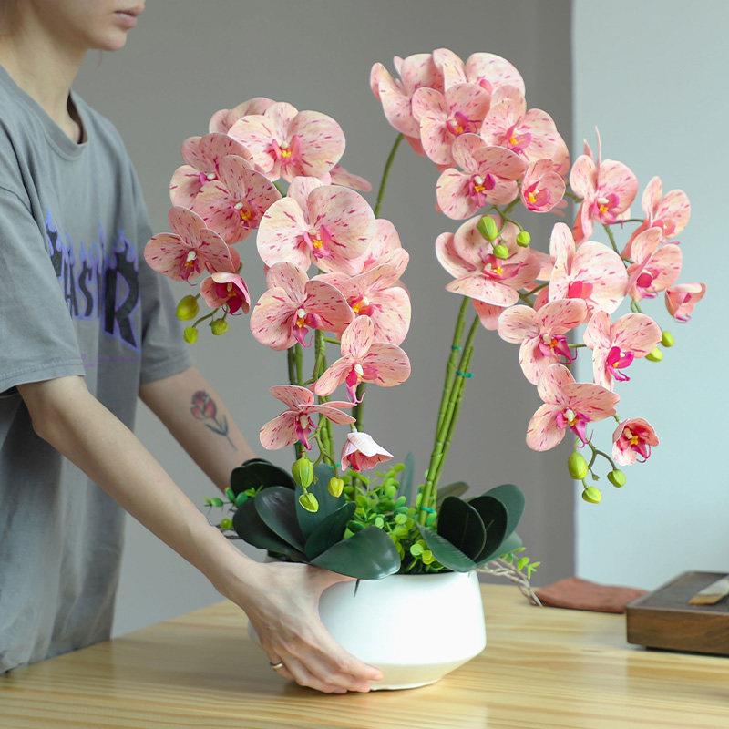 高档蝴蝶兰仿真花大盆PU手感花艺摆件客厅茶几电视柜摆设假花装饰