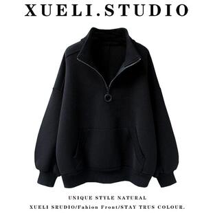 上衣女设计感小众加绒加厚 套头休闲 香港覆古polo翻领半拉炼 炼