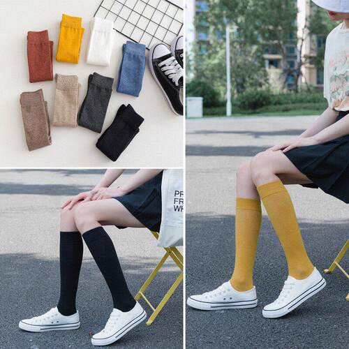 2 Pairs Women Cotton Knee High Socks Black White Solid color