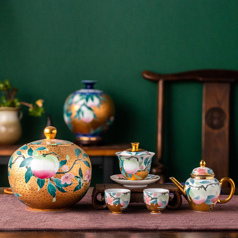 999真金寿桃大配套茶具省大师肖建辉茶壶茶杯茶叶罐花瓶主人杯,餐饮具,茶杯,淘宝优惠券,粉丝福利购,淘宝优惠卷