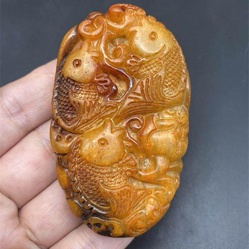 仿古岫玉连年有余挂件金玉满堂手把玩件手抓件金鱼古风腰佩玉坠子