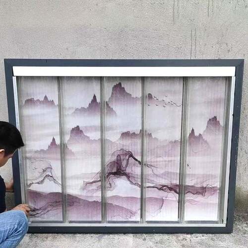 新款直销艺术玻璃夹山水画U型玻璃 屏风隔断夹丝景观墙钢化玻璃
