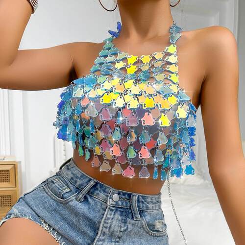 Hollow out laser beach backless hanging neck tank top