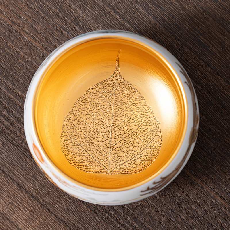百烧茶具陶瓷大号白瓷杯主人茶杯羊脂玉功夫心经鎏金福杯素纯手工