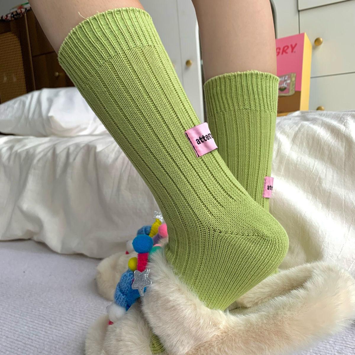 ins粉色标签纯色粗线袜子打底袜