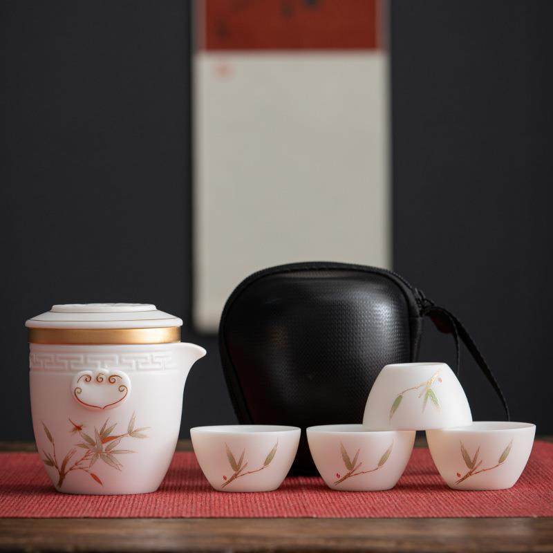 高档唐舍高风亮节中羊行脂玉瓷旅茶具快套装便携客杯式旅游小套泡