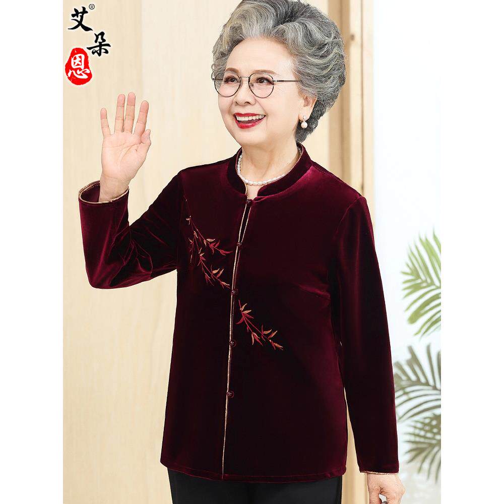 采购产品中老年妇女秋装，母亲的衣服，长袖金丝绒衬衫，奶奶，老