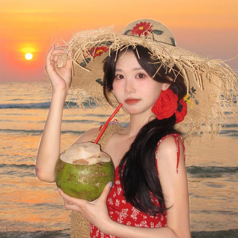 拉菲草帽海边遮阳帽女防晒夏季洋气大帽檐 户外好看镂空沙滩帽子