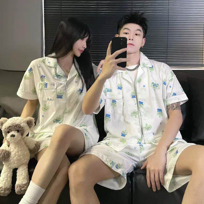 买一送一情侣睡衣女夏季短袖网红风三眼仔男士薄款夏天家居服套装