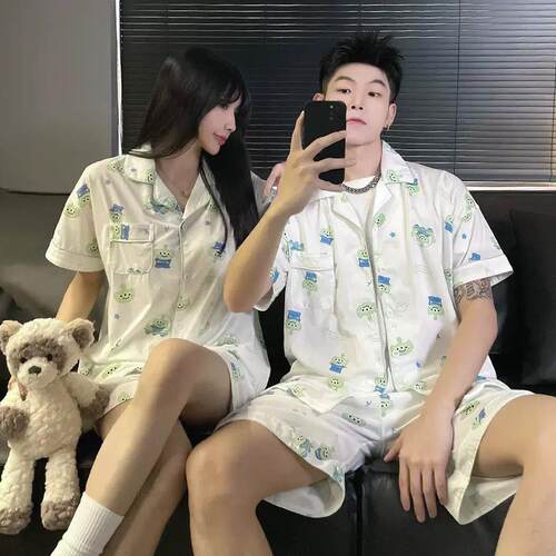 买一送一情侣睡衣女夏季短袖网红风三眼仔男士薄款夏天家居服套装