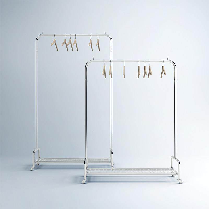 镜面不锈钢服装店展示架落地式女装挂衣架中岛双层陈列货架加轮子