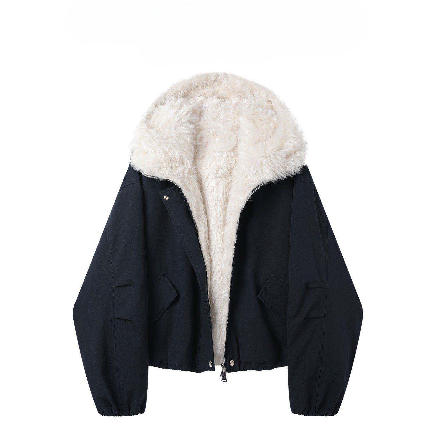 香港冬季韩系高级感工装加绒加厚毛毛外套女连帽保暖派克棉服夹克