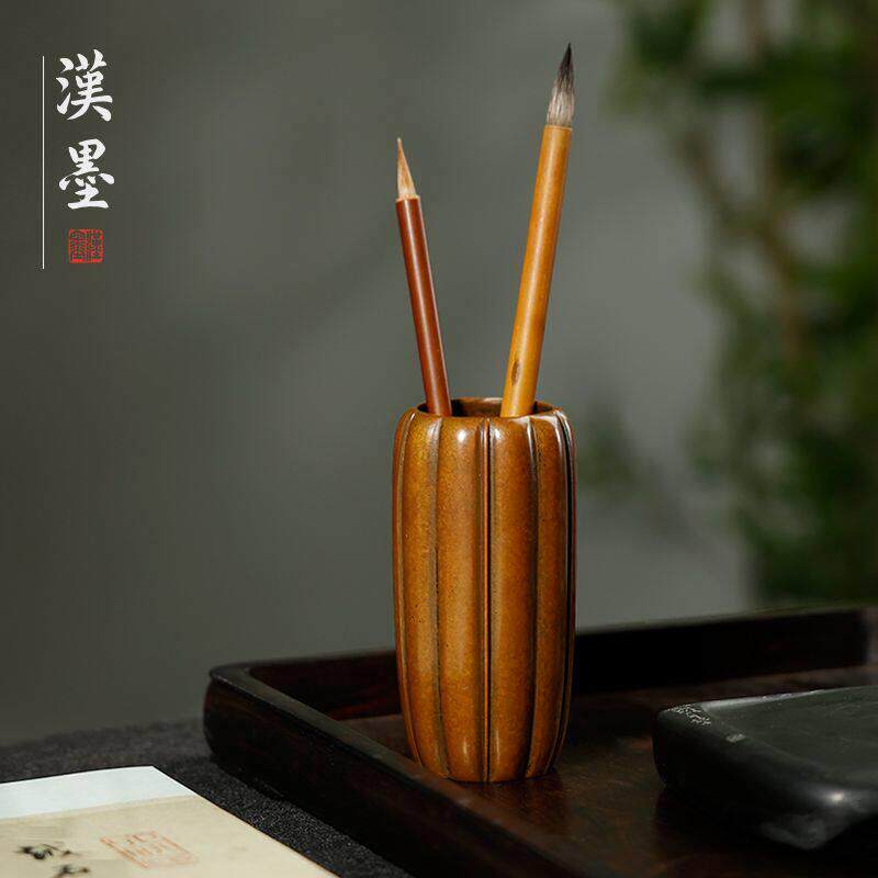 青铜器瓜棱笔筒 镇纸文房四宝毛笔筒收纳筒书法文房专用桌面摆件