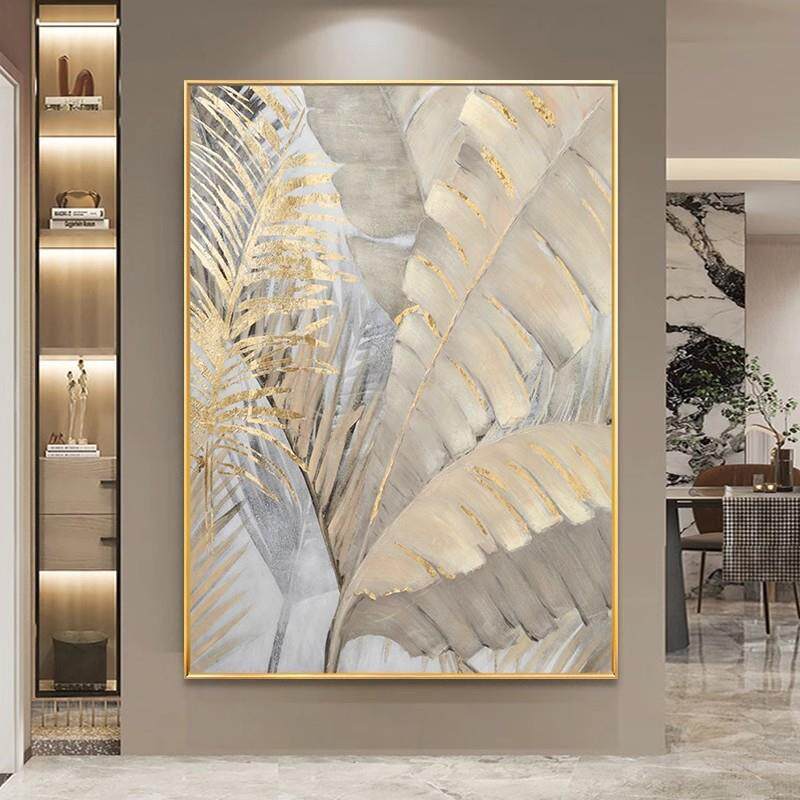 纯金手绘油画抽QWE-2302象箔芭蕉叶玄装饰画沙现代轻奢客厅发背景