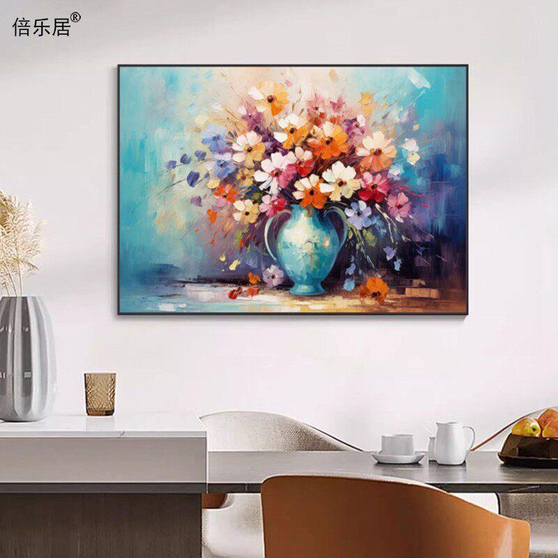 现代简约清新餐厅风景挂画横版花卉油画向日葵花瓶装饰画手绘油画