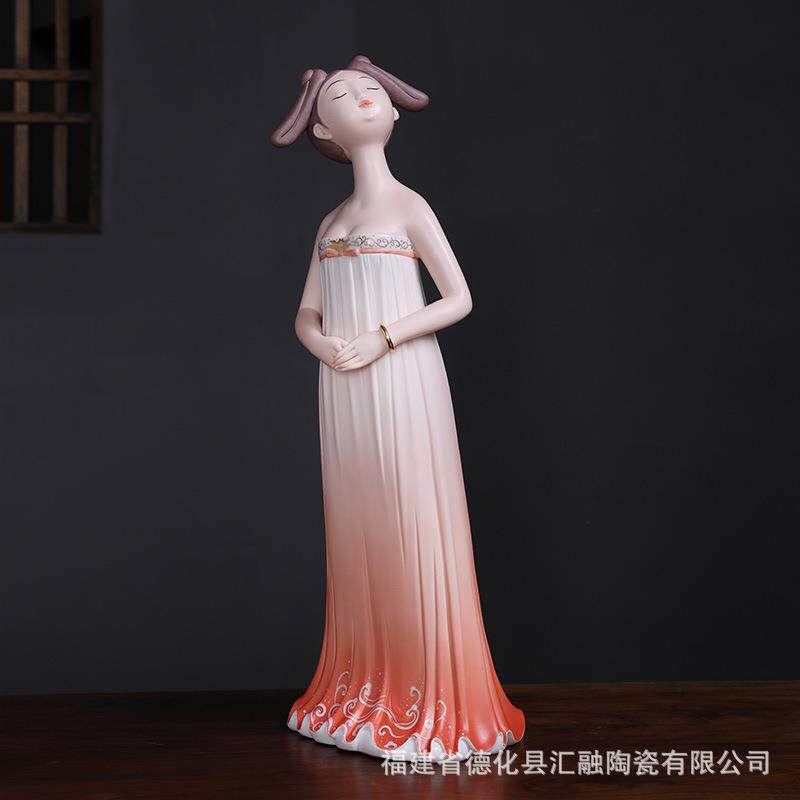 陶瓷人物创意美女家居工艺品摆件粉色仕女古典如意站式仕女瓷器