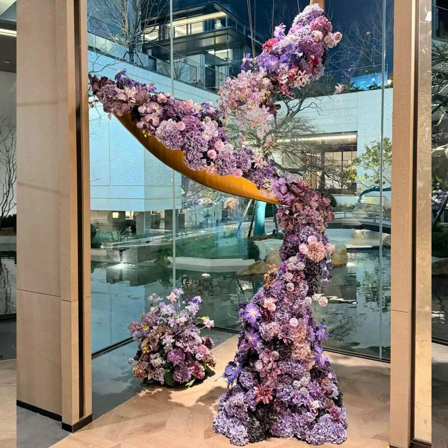 悬浮竹编船彷真绣球花造景会所饭厅走廊艺术装饰装置插花设计摆件