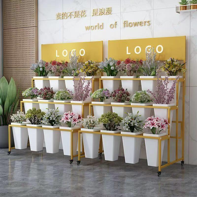 花店置物架多层阶梯式可移动花架铁艺架带轮多功能花桶花店展示架
