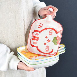 陶瓷带手柄烤盘家用水果盘子可爱日式微波炉卡通餐具烤箱烘焙专用