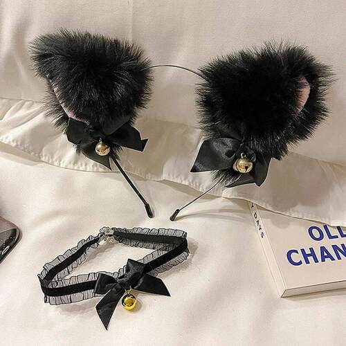 2Pcs Sexy Cat Ears Women Plush Bell Headband with Bell Heart