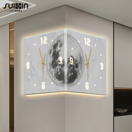 客厅拐角双面发光创意时钟，壁灯2024月球，阳角挂钟免打孔转角钟