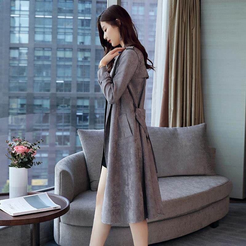 纯色风衣外套女韩版2025秋季新款修身显瘦垂感麂皮绒气质百搭大衣