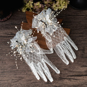 新娘手套结婚蕾丝仙美花朵白色女薄款 婚纱手套舒影 春夏拍照韩式