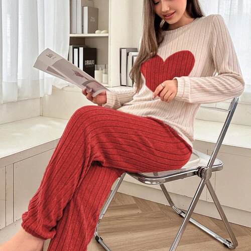 Love pattern color blocked pajamas women's set soft and