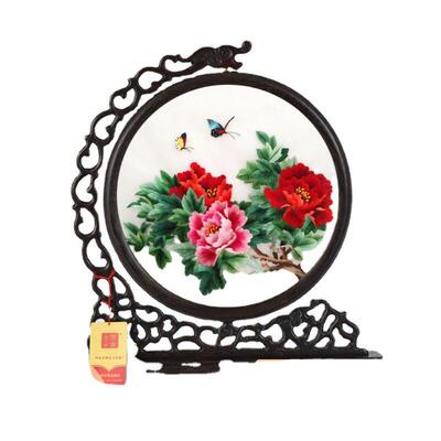 紫金湘绣双面绣摆件手工绣牡丹花卉摆台装饰台屏企业出国礼品
