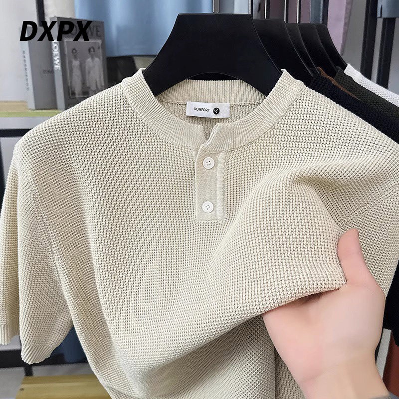 DXPX品牌专柜美式复古亨利领短袖针织衫男士T恤打底衫华夫格半袖