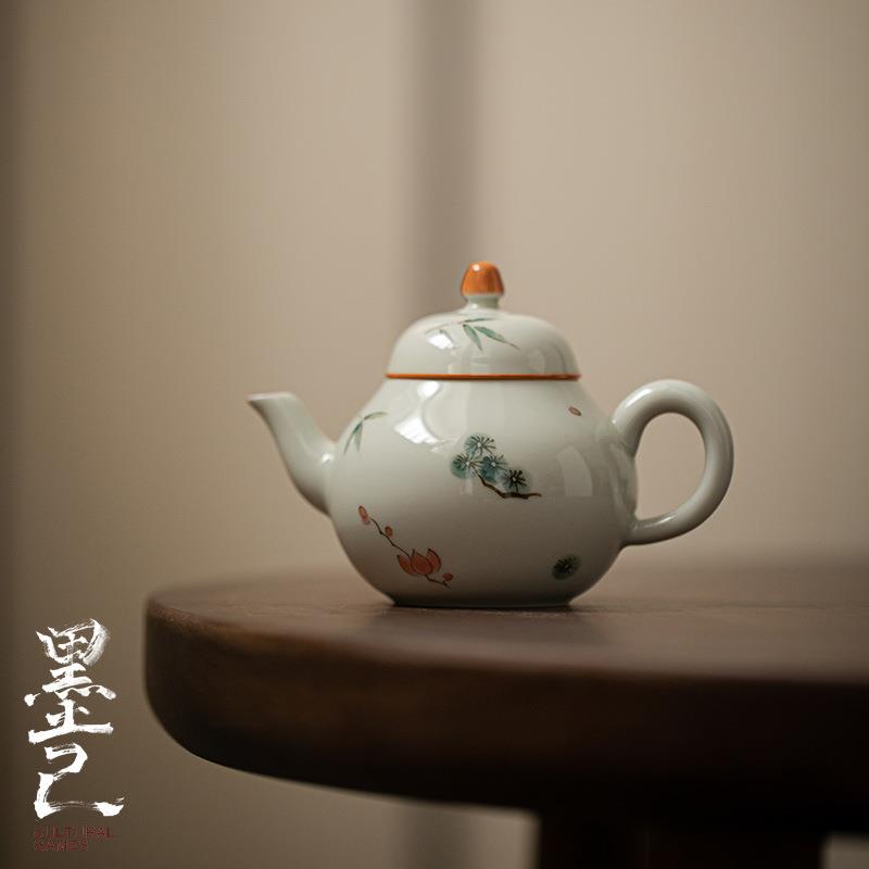 墨己 秘青釉手绘茶壶 文人家用泡茶手执壶 球孔过滤 陶瓷泡茶壶