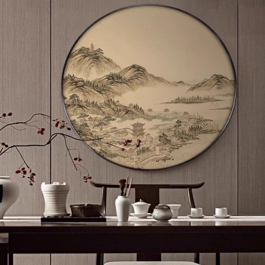 新中饰式酒风店大堂形挂画NXP客厅茶室玄关走廊壁画国圆山水楼阁