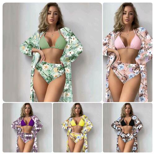 Bikini Three Swimsuit High Waist Printed Long Sleeve