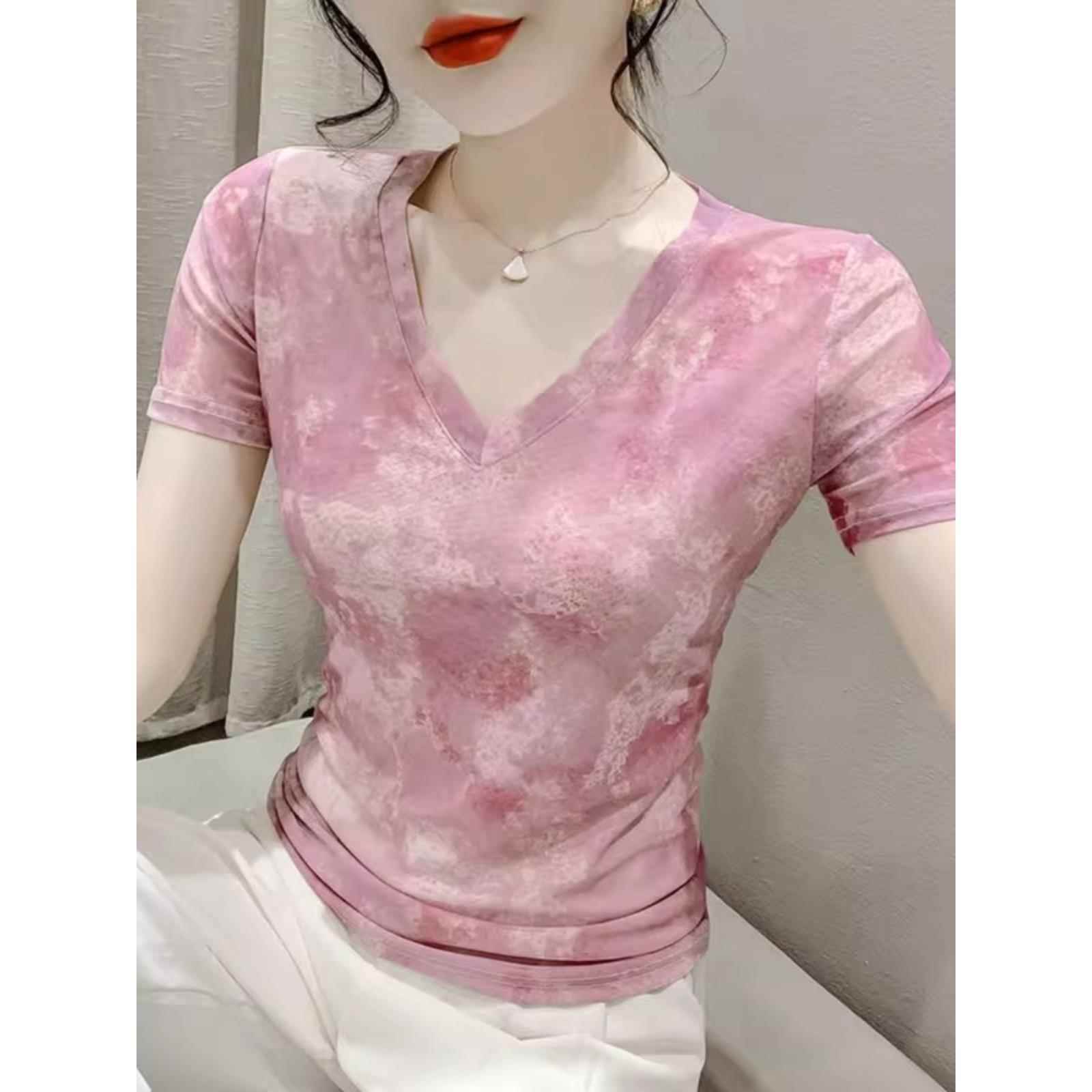 网纱印花短袖t恤女夏装欧货修身减龄上衣设计感别致气质V领打底衫