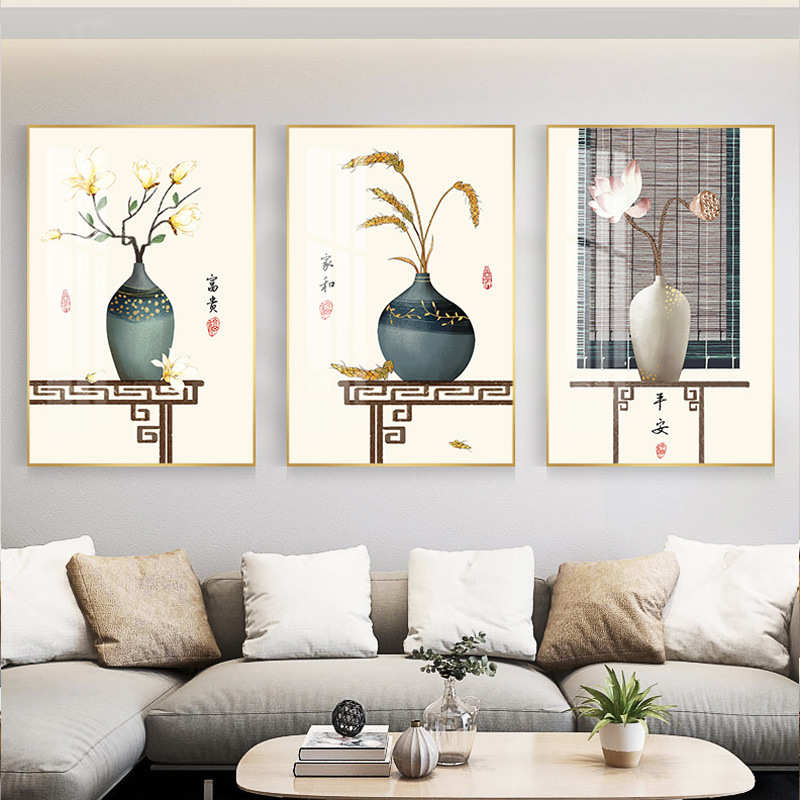 喜庆餐厅客厅壁画装饰画新民俗挂画三联禅意古风中式卧室挂画玄关