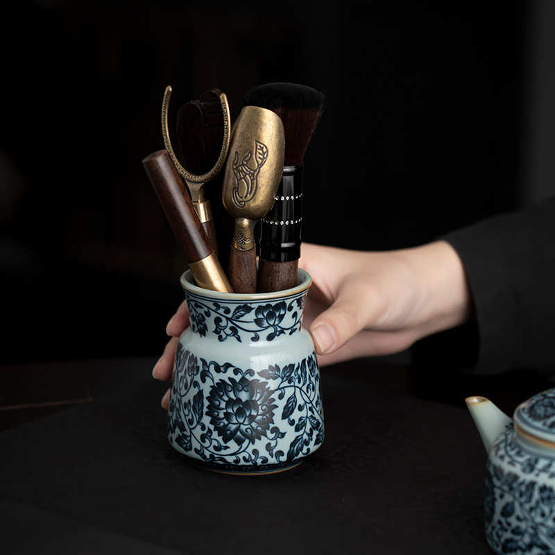 天青汝窑青花缠枝莲茶道六君子套装黄铜黑檀木功夫茶具茶道配件