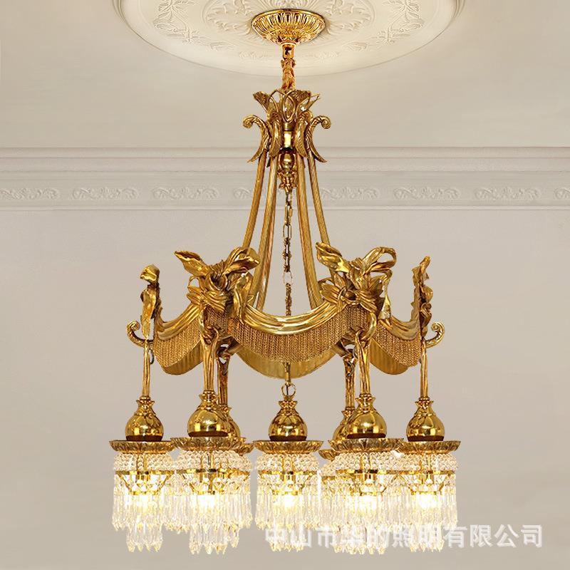 欧式别墅复式楼客厅灯创意法式水晶灯具轻奢大气全铜餐厅卧室吊灯