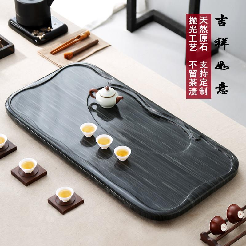 纯天然绿檀木纹玉石茶盘乌金石茶台新中式石材家用排水式茶海茶具