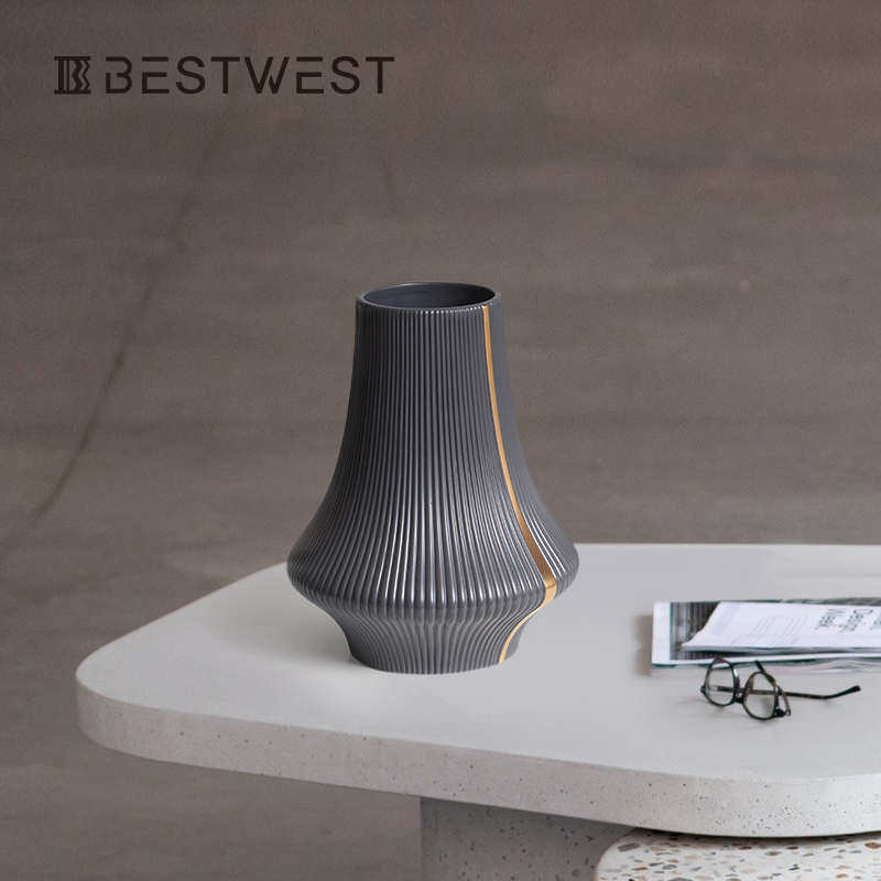 Best west 竖楞烟囱型电镀金边陶瓷大花瓶摆件 客厅软装饰品花器