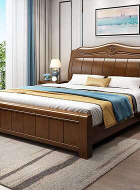 中式风格实床木橡胶单人床1卧.5m1.8米双人床高箱储622#物婚主家